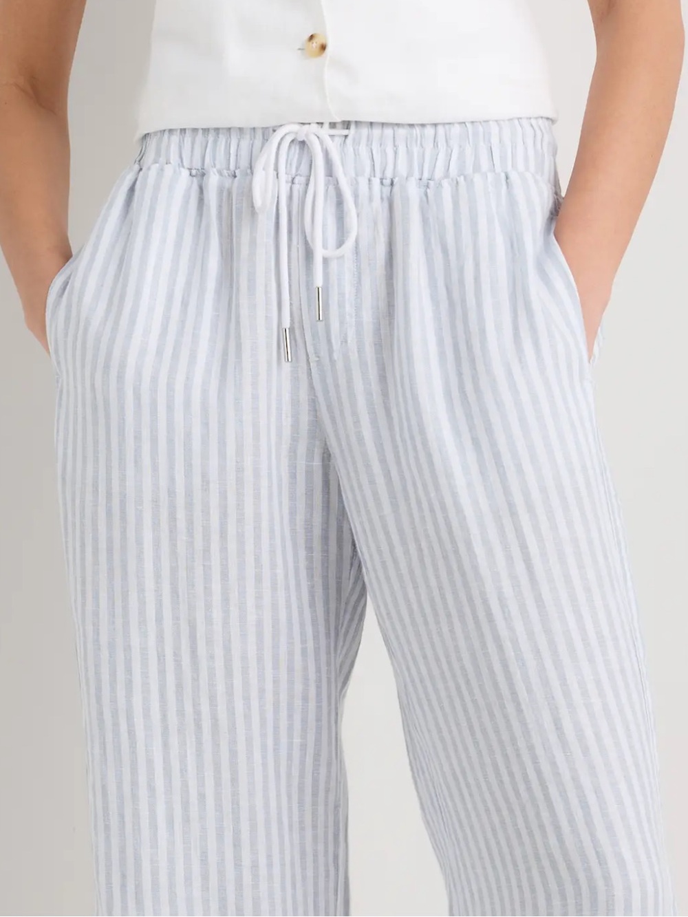 Quince Light Blue & White Striped Wide-Leg Linen-Blend Pants - Picture 6 of 10